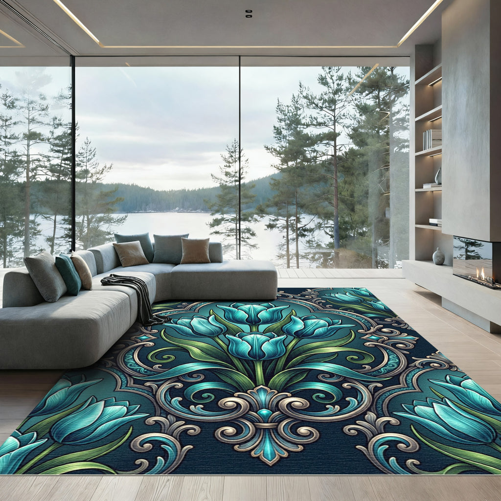 Ornate Teal Tulip Damask Botanical Rug