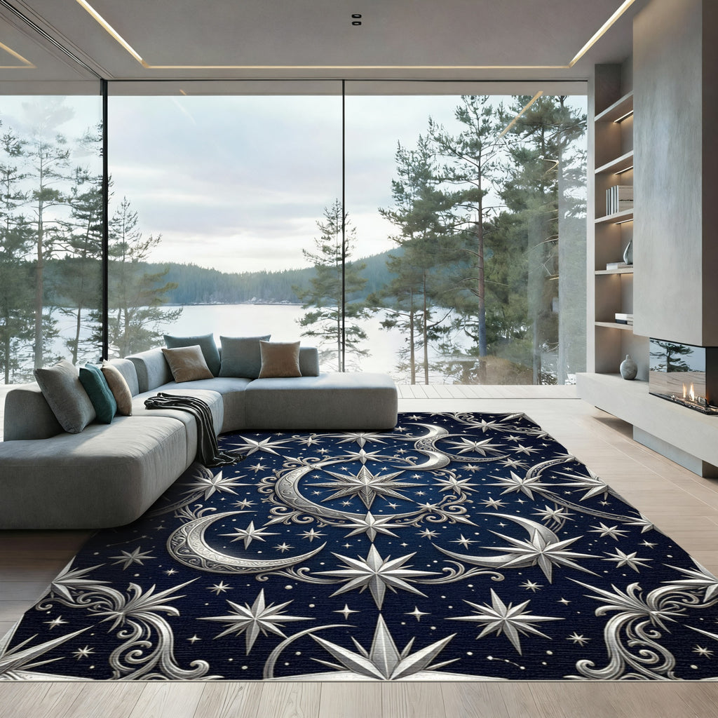 Celestial Silver Crescent and Star Night Sky Rug