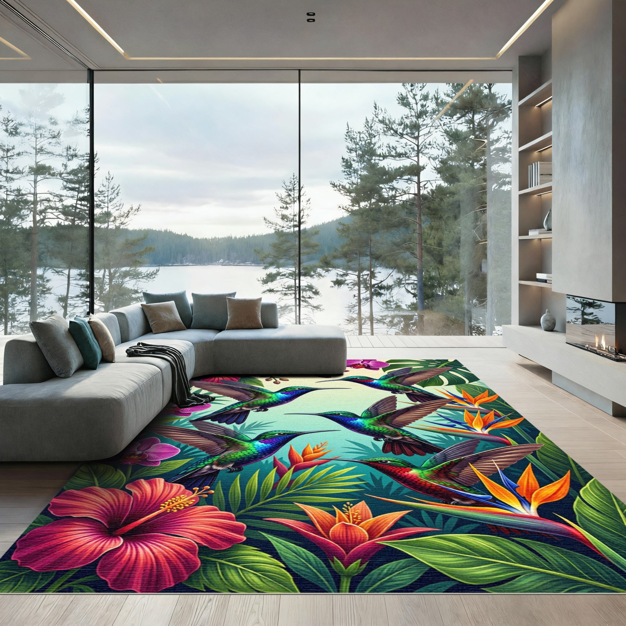 Vibrant Tropical Hummingbird Floral Oasis Rug