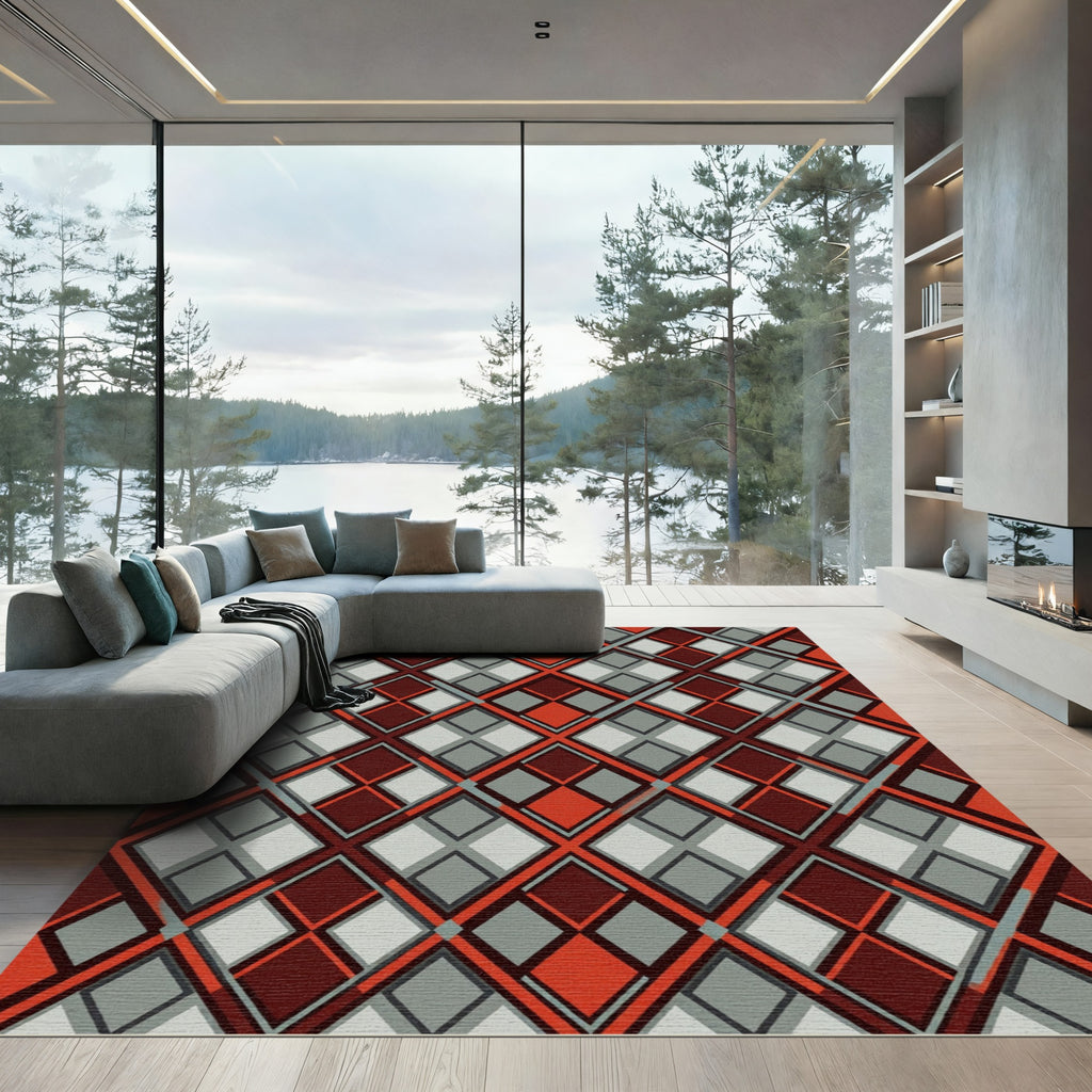 Crimson Grey Diamond Plaid Rug