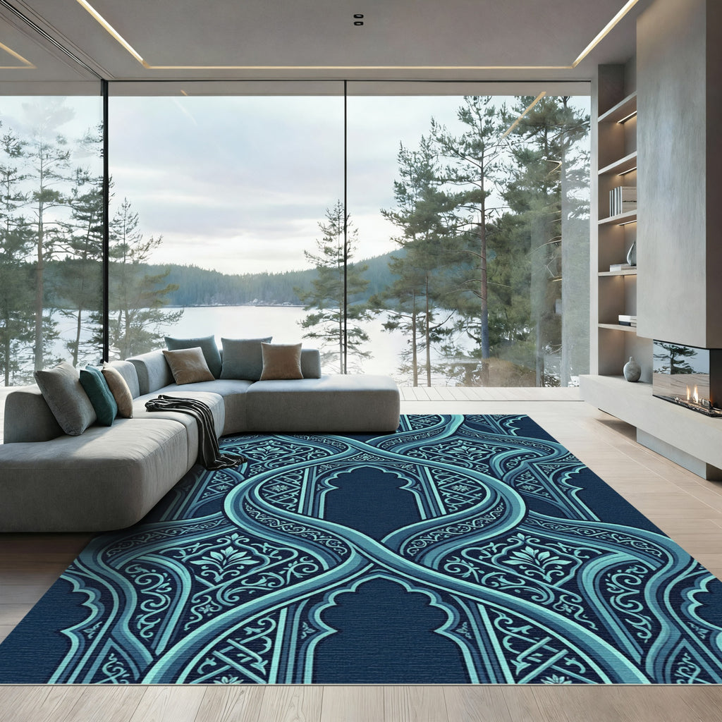 Teal Arched Mosaic Interlocking Floral Tile Rug