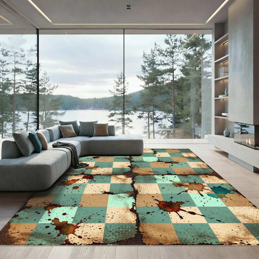 Distressed Teal and Tan Checkered Ink Rug