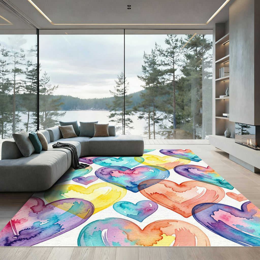 Watercolor Rainbow Heart Collage Rug