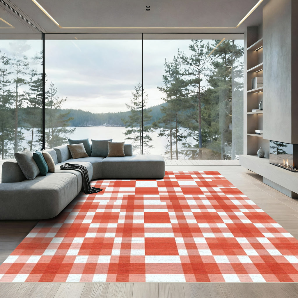 Terracotta Red Gingham Checkered Grid Rug