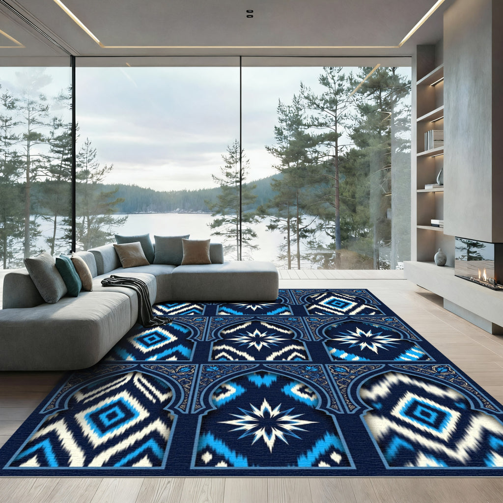 Azure Indigo Ikat Geometric Star Arches Rug