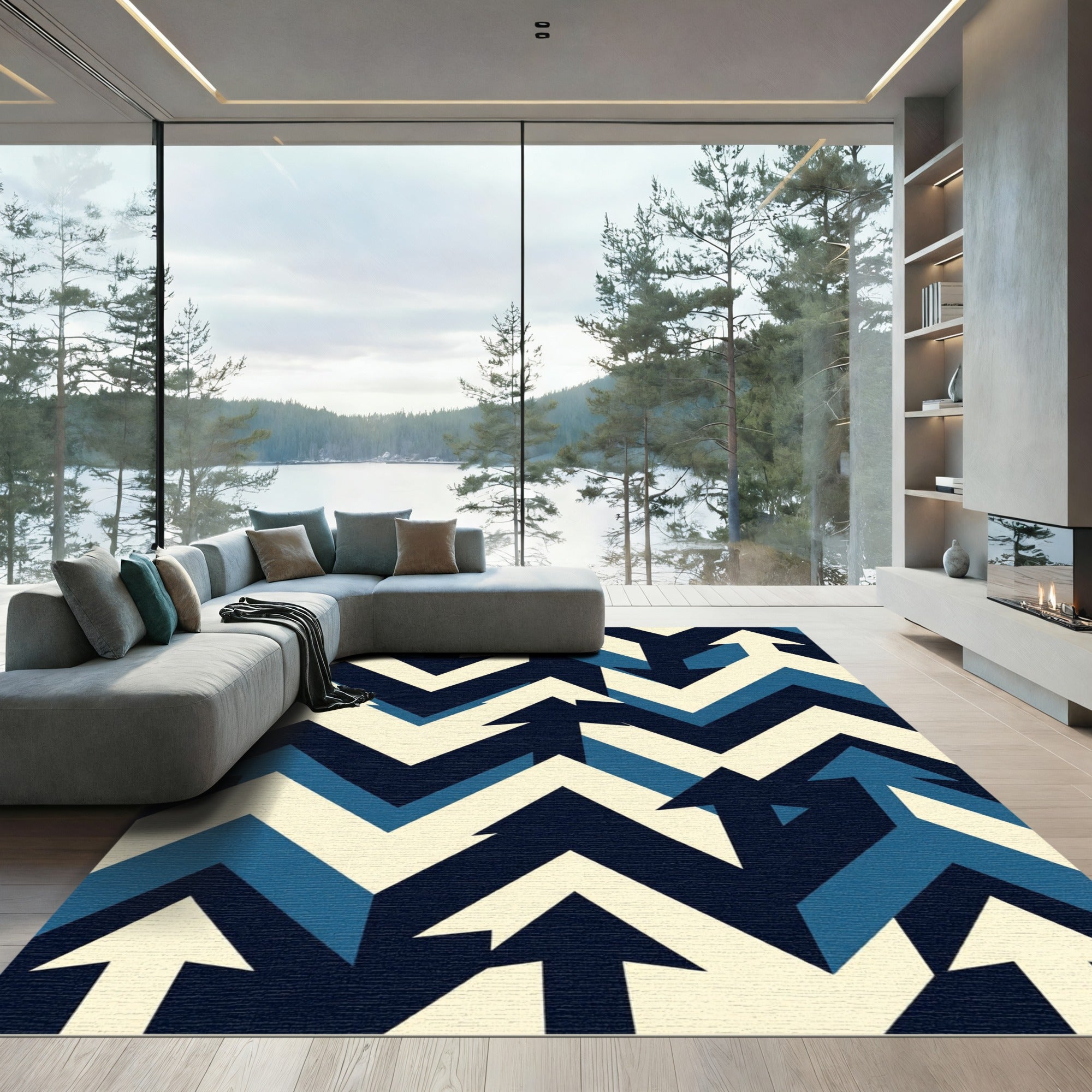 Navy and Cream Chevron Arrow Geometric Rug