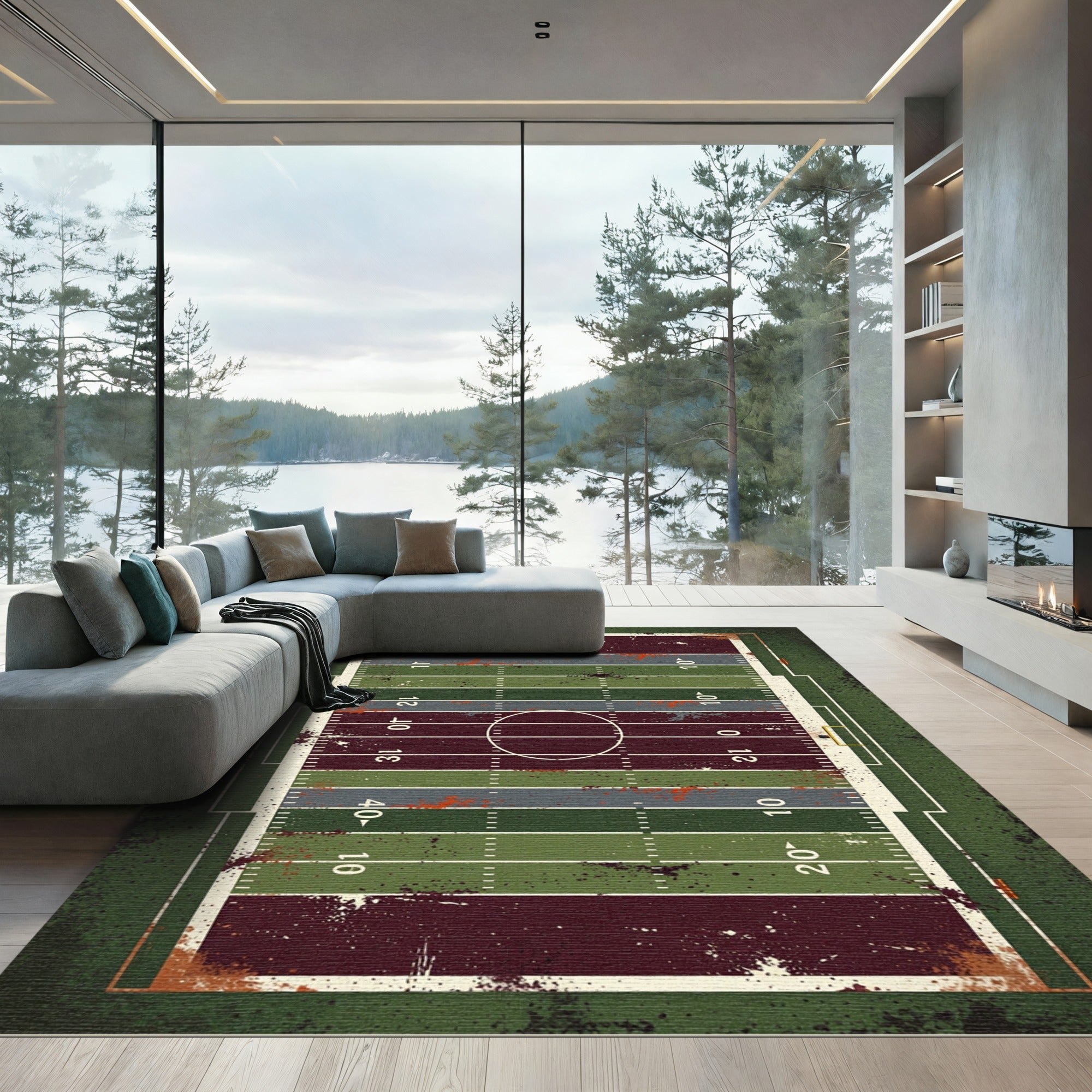 Weathered Gridiron Distressed Football Field Rug