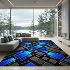 Electric Blue Geometric Cyber Grid Rug