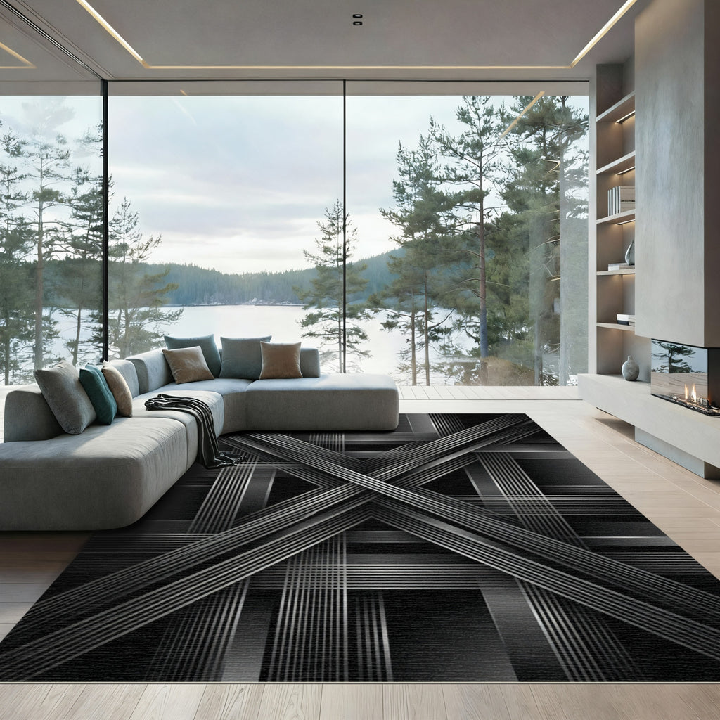 Monochrome Geometric Intersecting Linear Chrome Rug