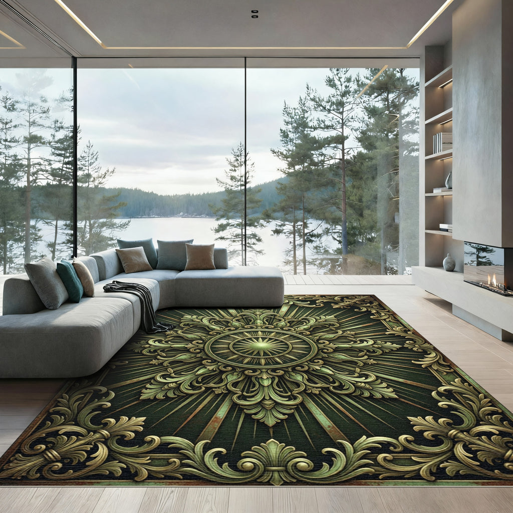Ornate Sage Green Sunburst Medallion Rug
