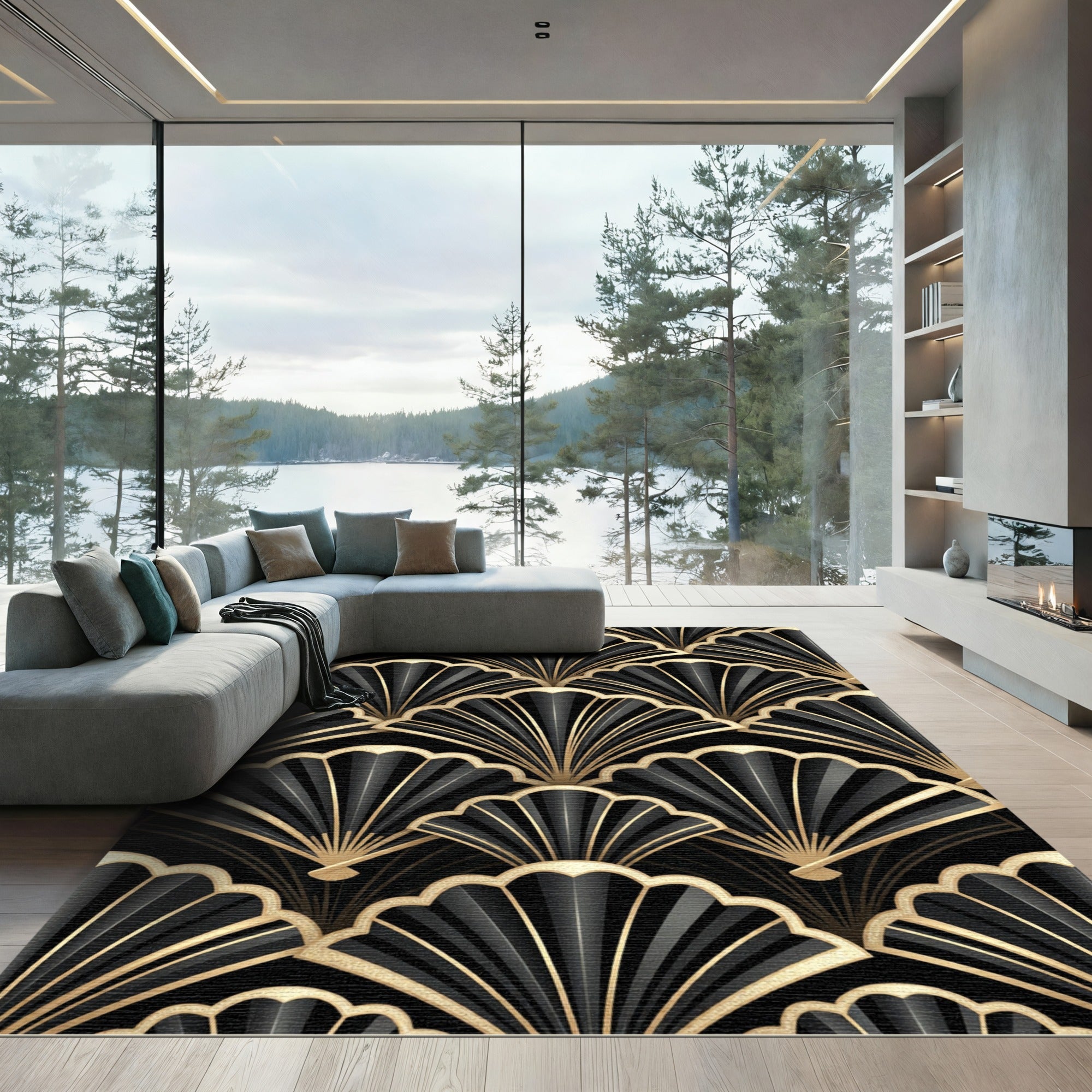 Art Deco Black Gold Fan Rug
