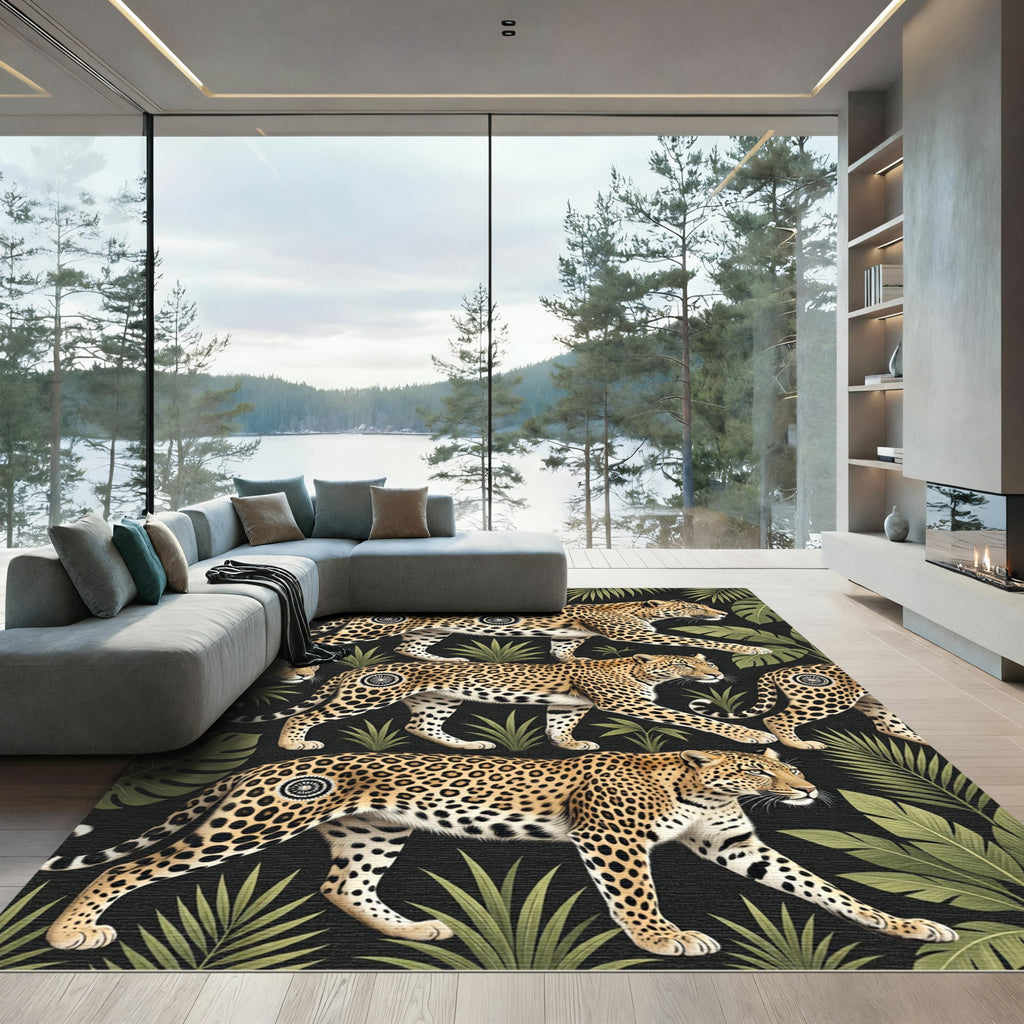 Lush Tropical Leopard Jungle Foliage Rug
