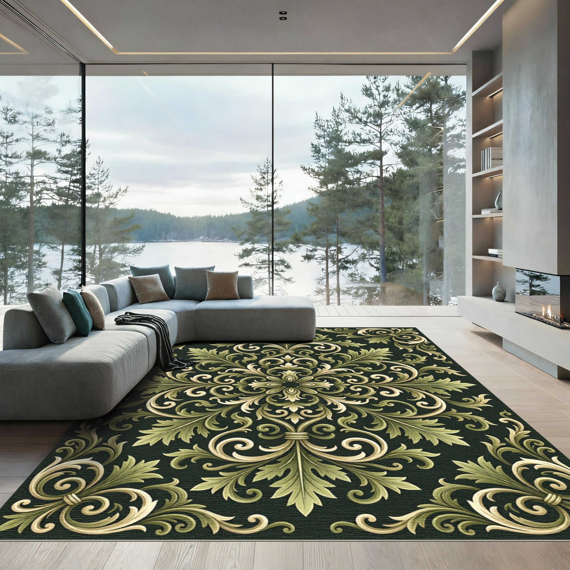 Sophisticated Olive Sage Acanthus Scroll Rug