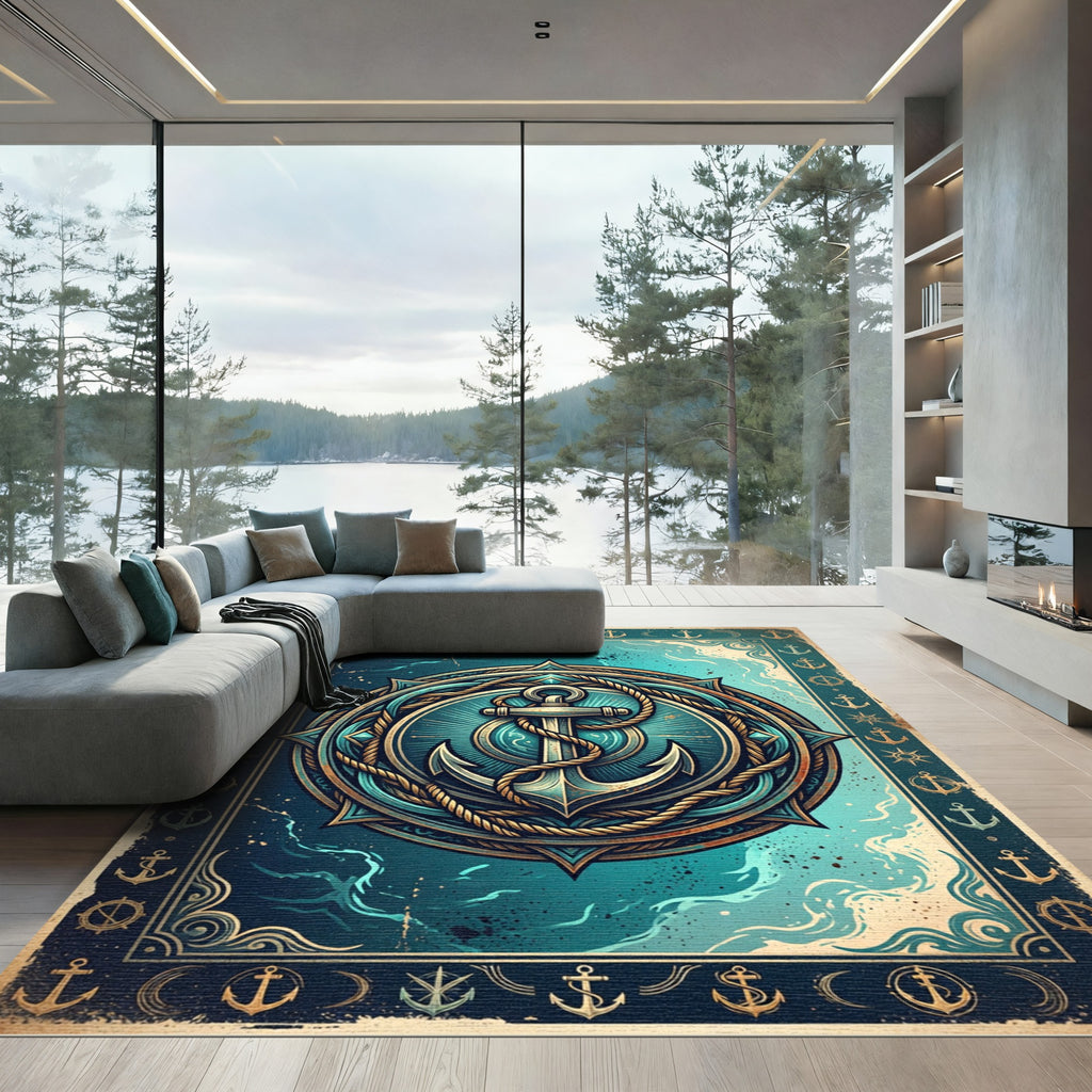 Vintage Nautical Anchor Compass Medallion Rug