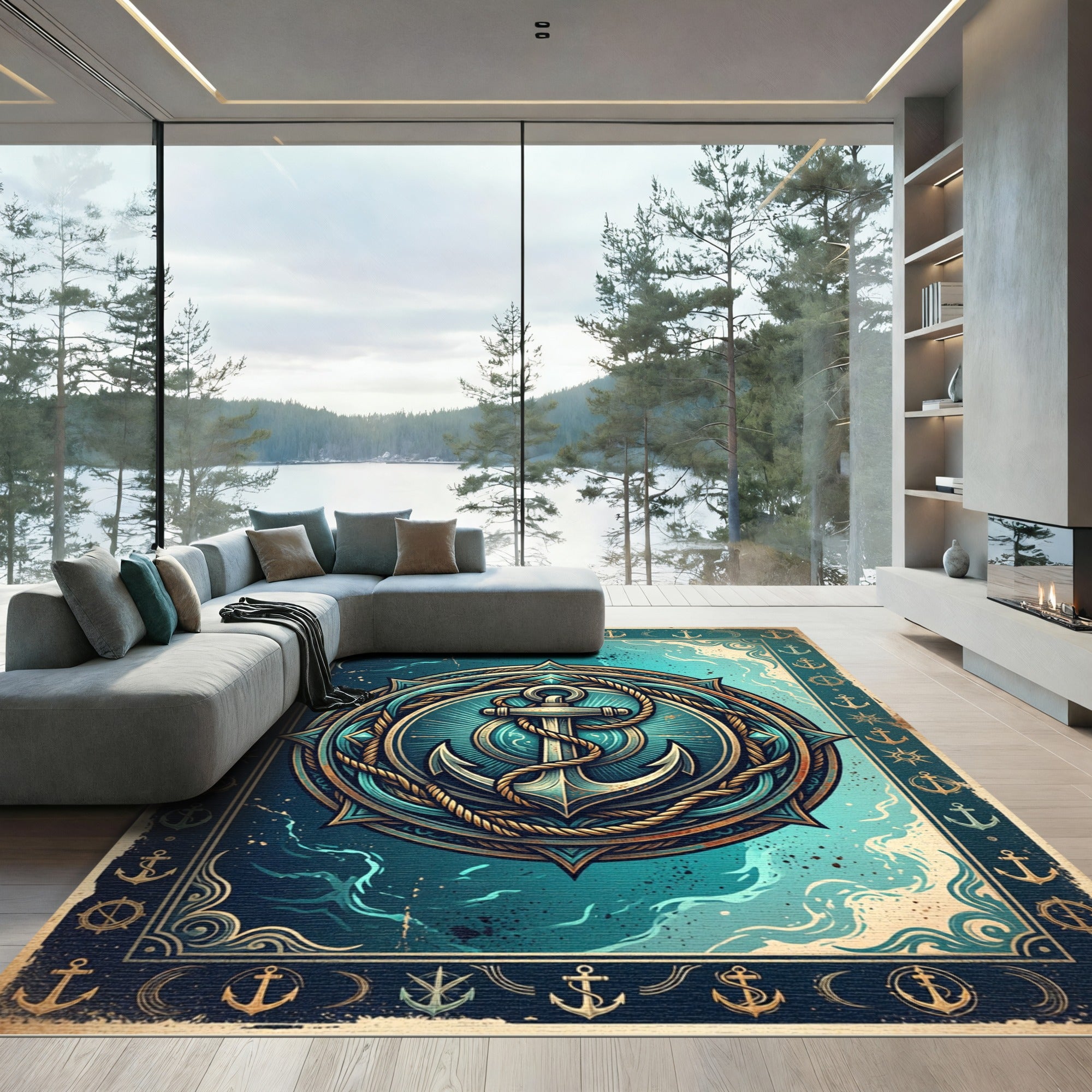 Vintage Nautical Anchor Compass Medallion Rug