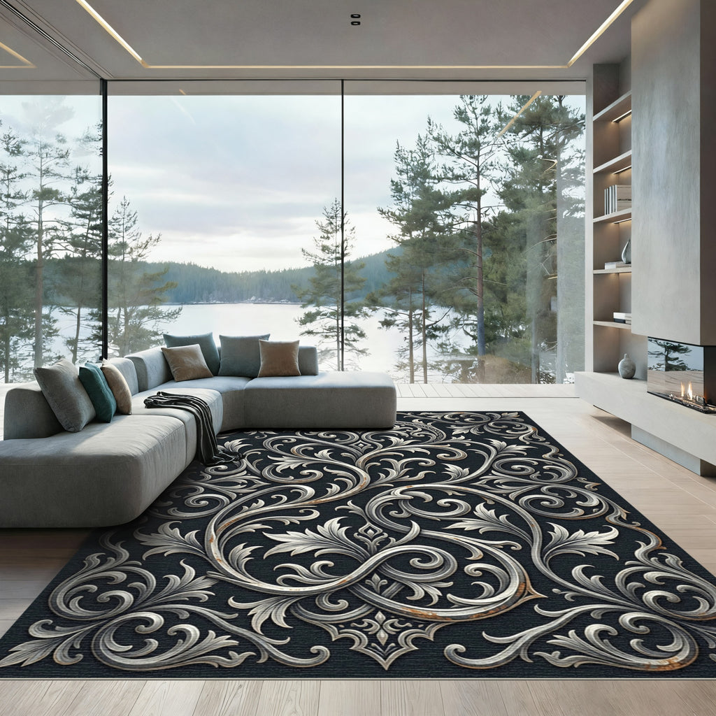 Elegant Silver Filigree Scroll Tapestry Rug