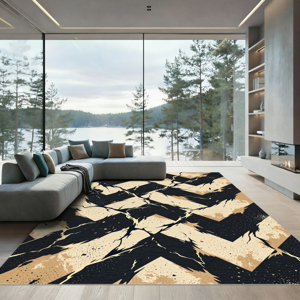Abstract Black and Cream Chevron Crackle Rug