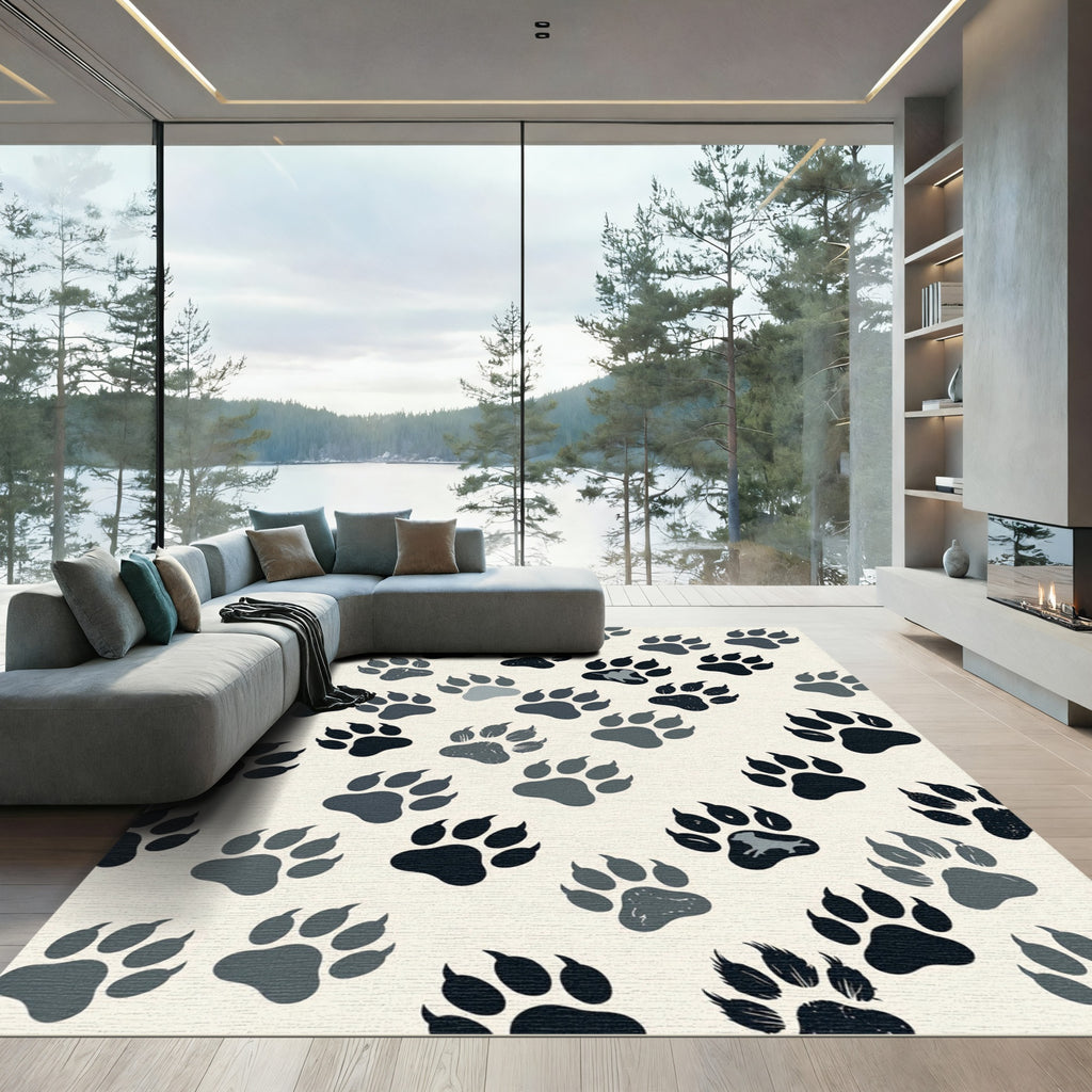 Minimalist Gray Animal Paw Tracks Rug