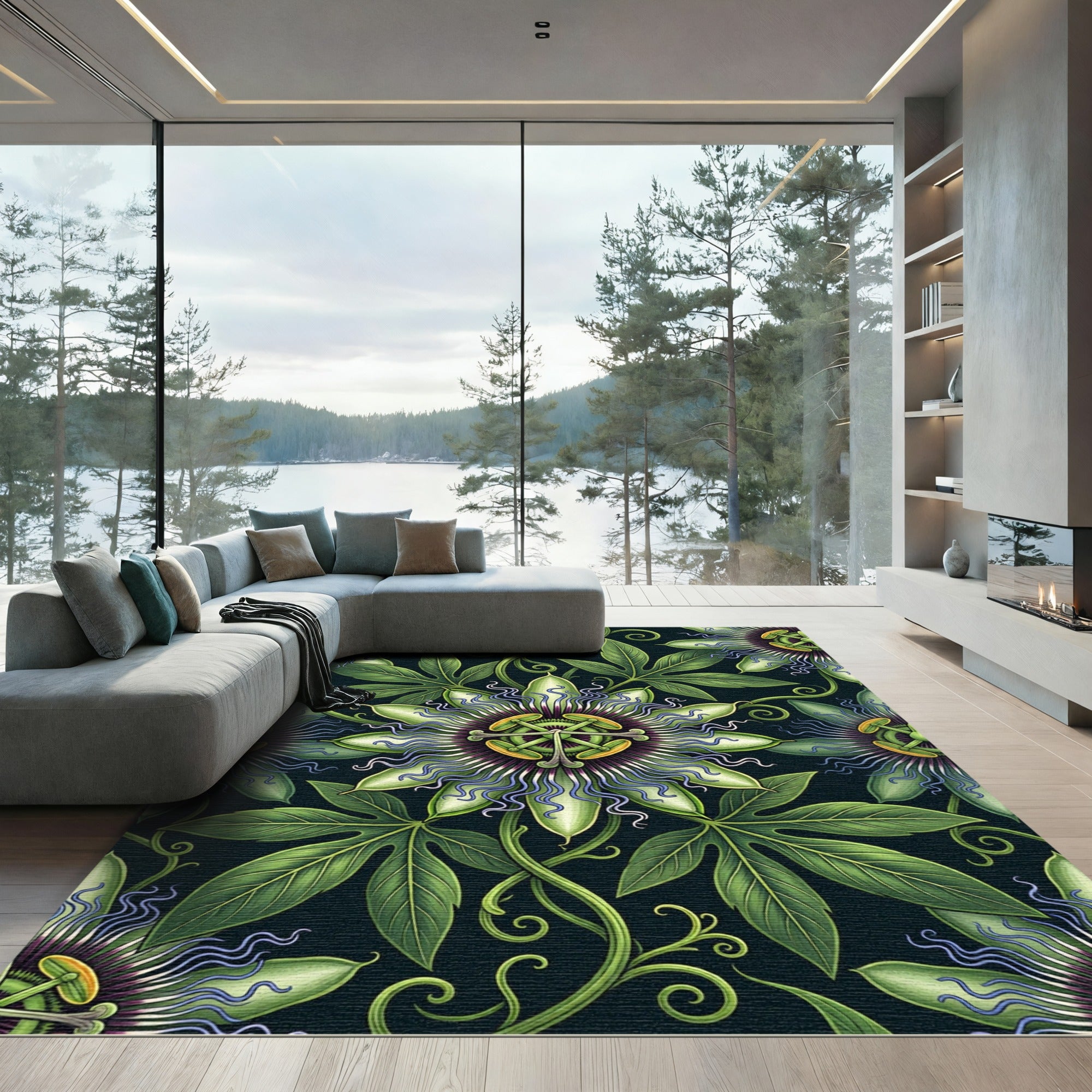Dark Botanical Passion Flower Vines Rug
