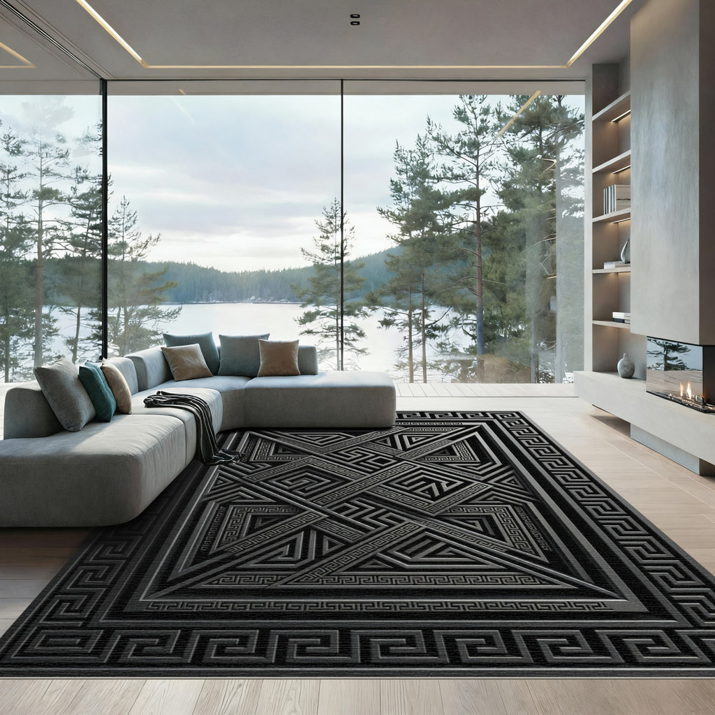 Monochrome Geometric Labyrinth Relief Rug