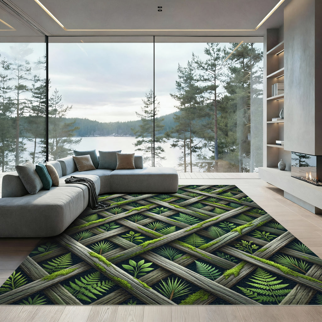 Mossy Forest Lattice with Fern Leaves Rug