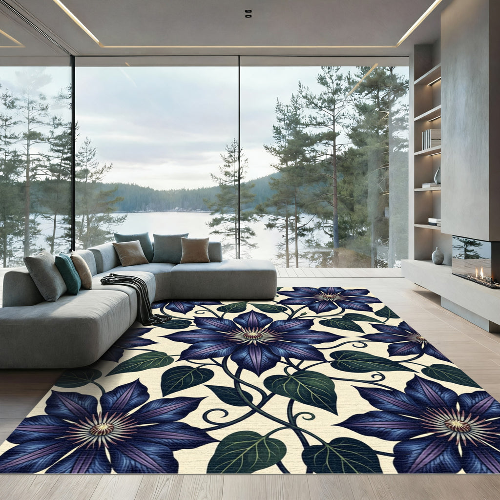 Elegant Midnight Clematis Floral Botanical Rug