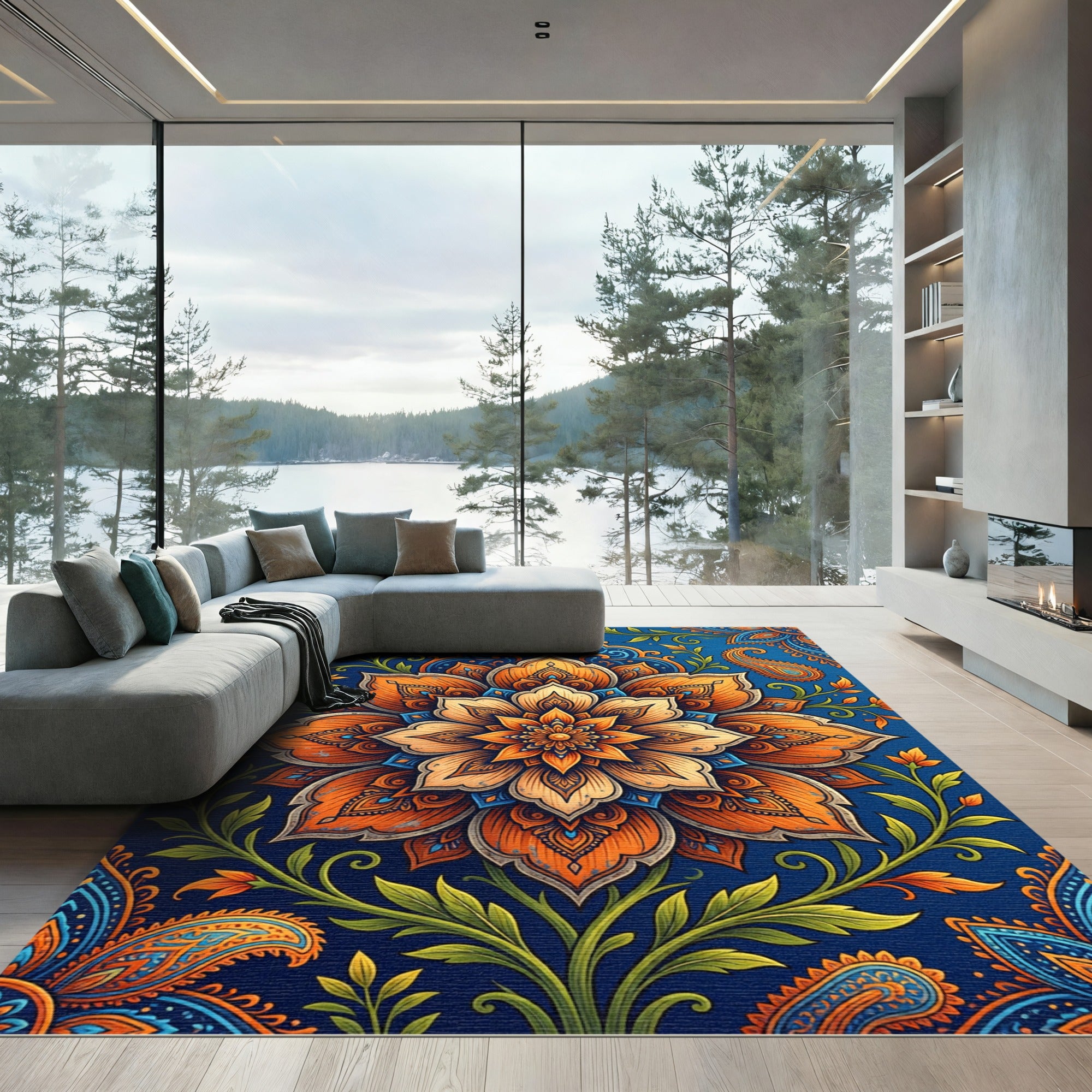 Vibrant Orange Floral Paisley Medallion Rug