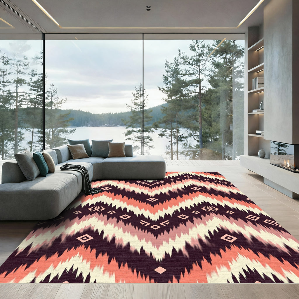 Geometric Coral and Cream Zigzag Rug