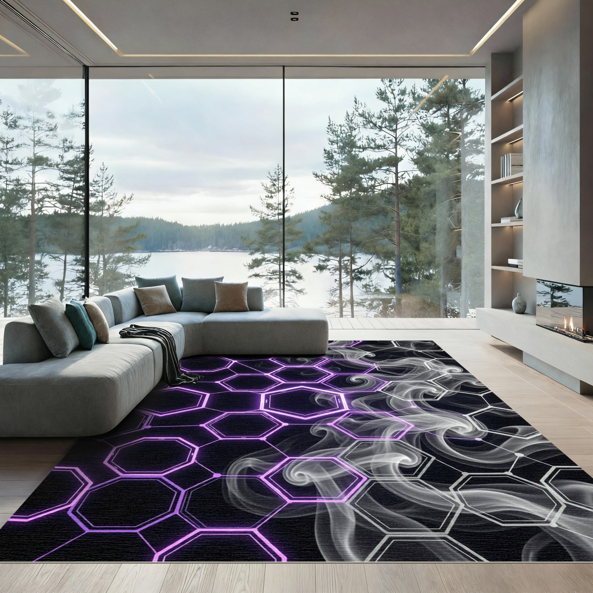 Neon Purple Smoke Hexagonal Geometric Rug