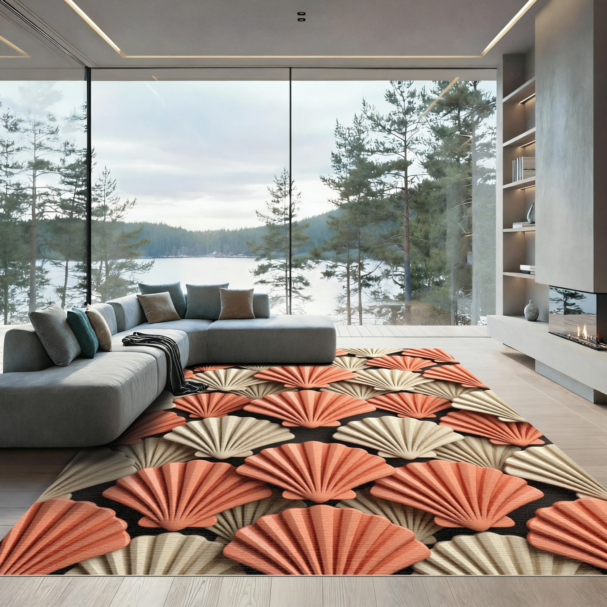 Coral and Cream Scalloped Shell Tiles Rug