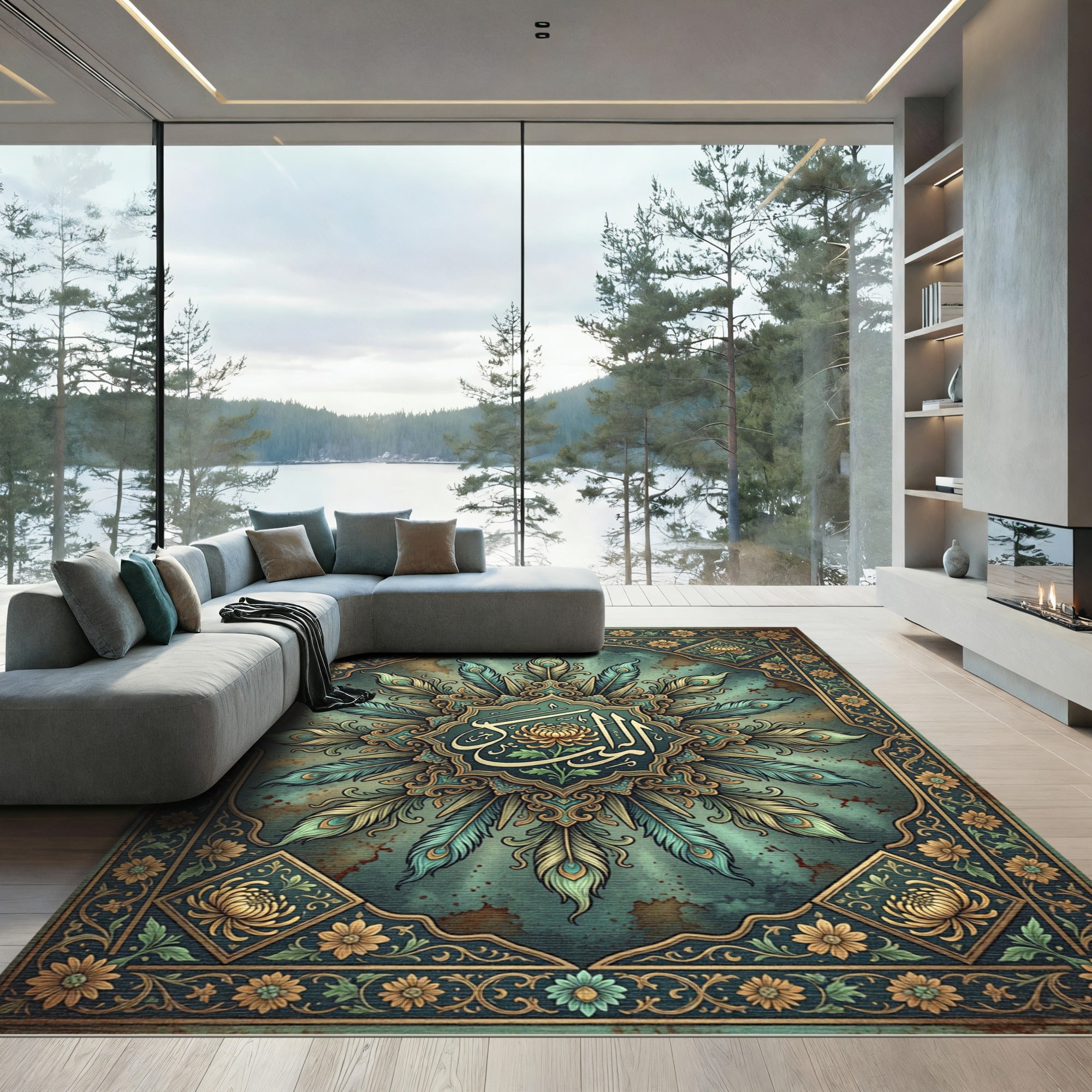 Arched Peacock Feather Gold Floral Medallion Rug