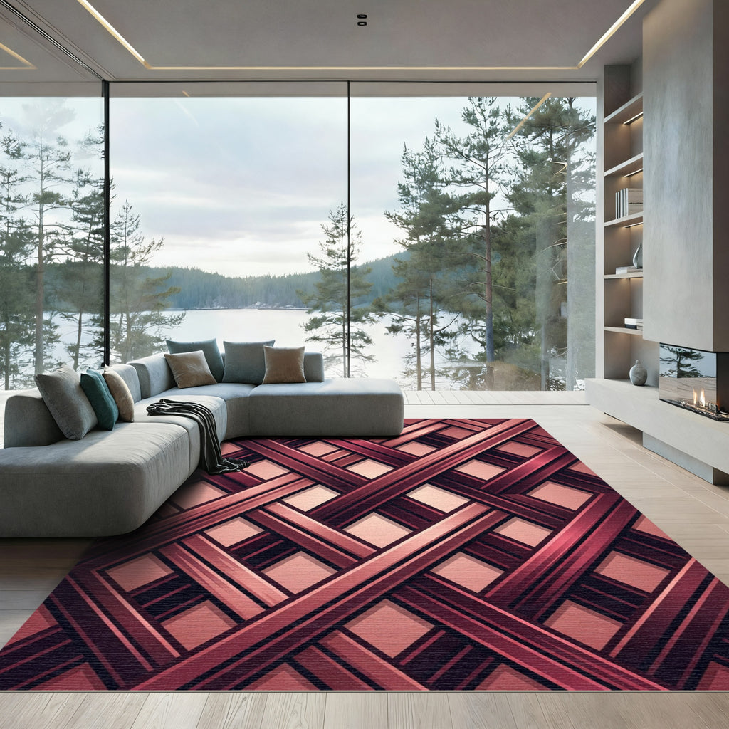 Crimson Interlocking Lattice Geometric Abstract Rug