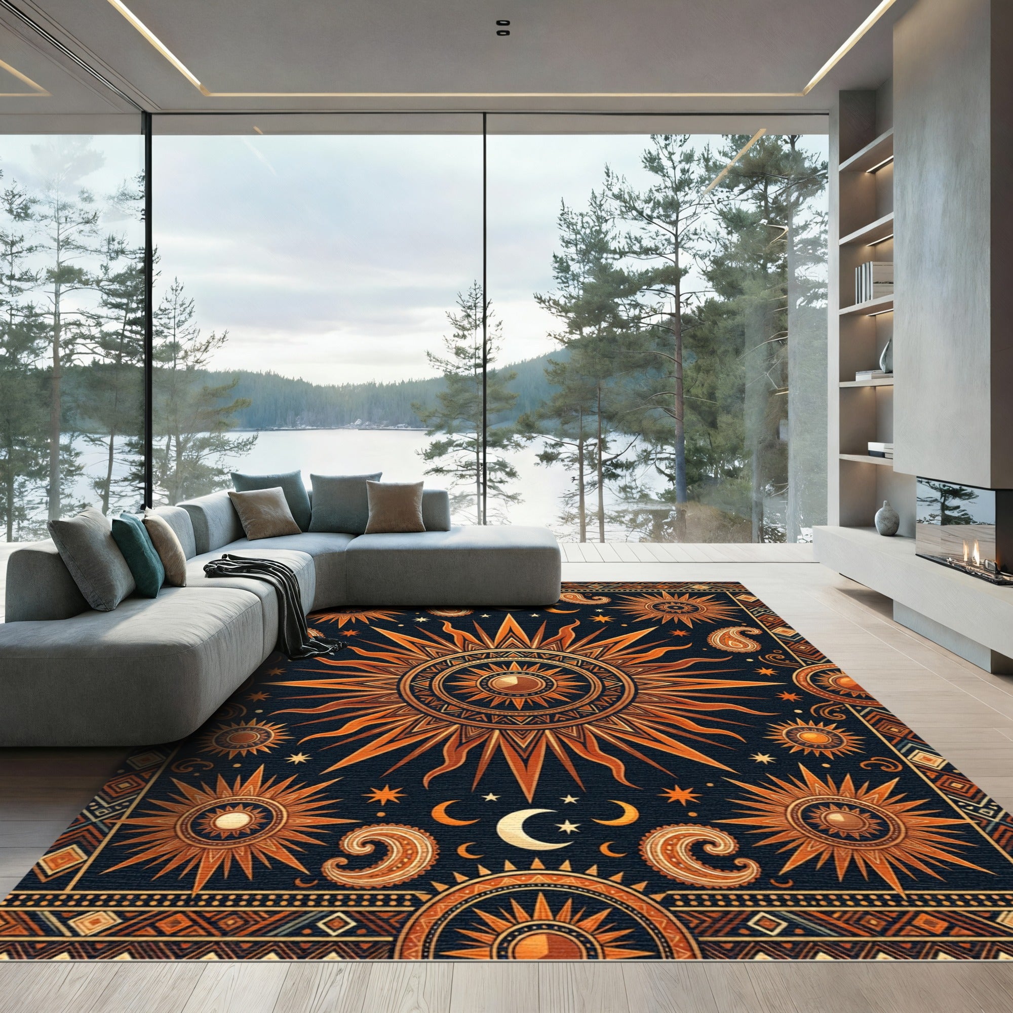 Celestial Sun Moon Paisley Sunburst Rug