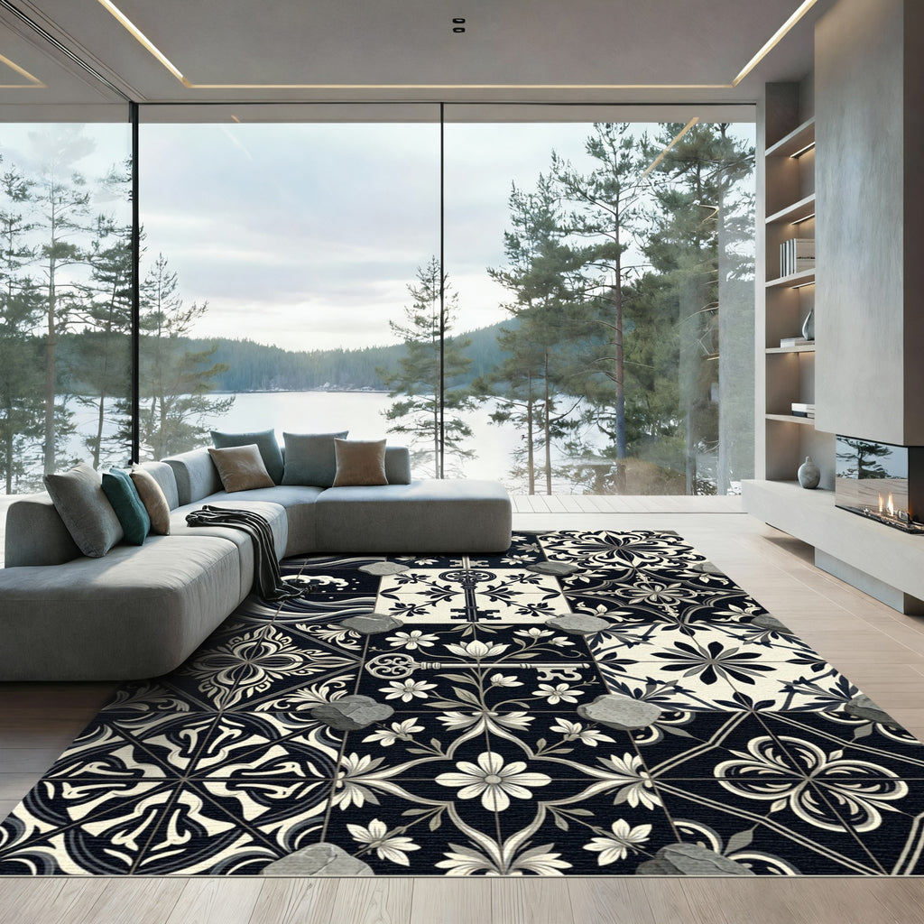 Black Cream Vintage Key Floral Tiles Rug