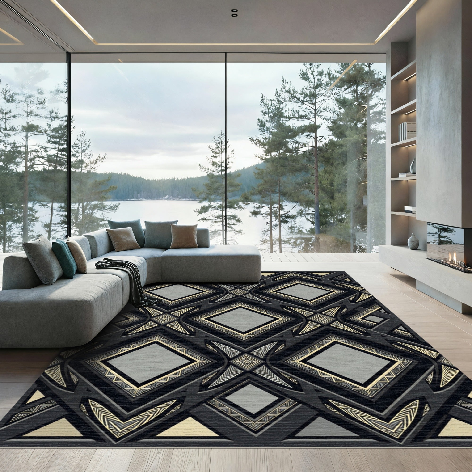 Sophisticated Charcoal Gold Geometric Diamond Rug