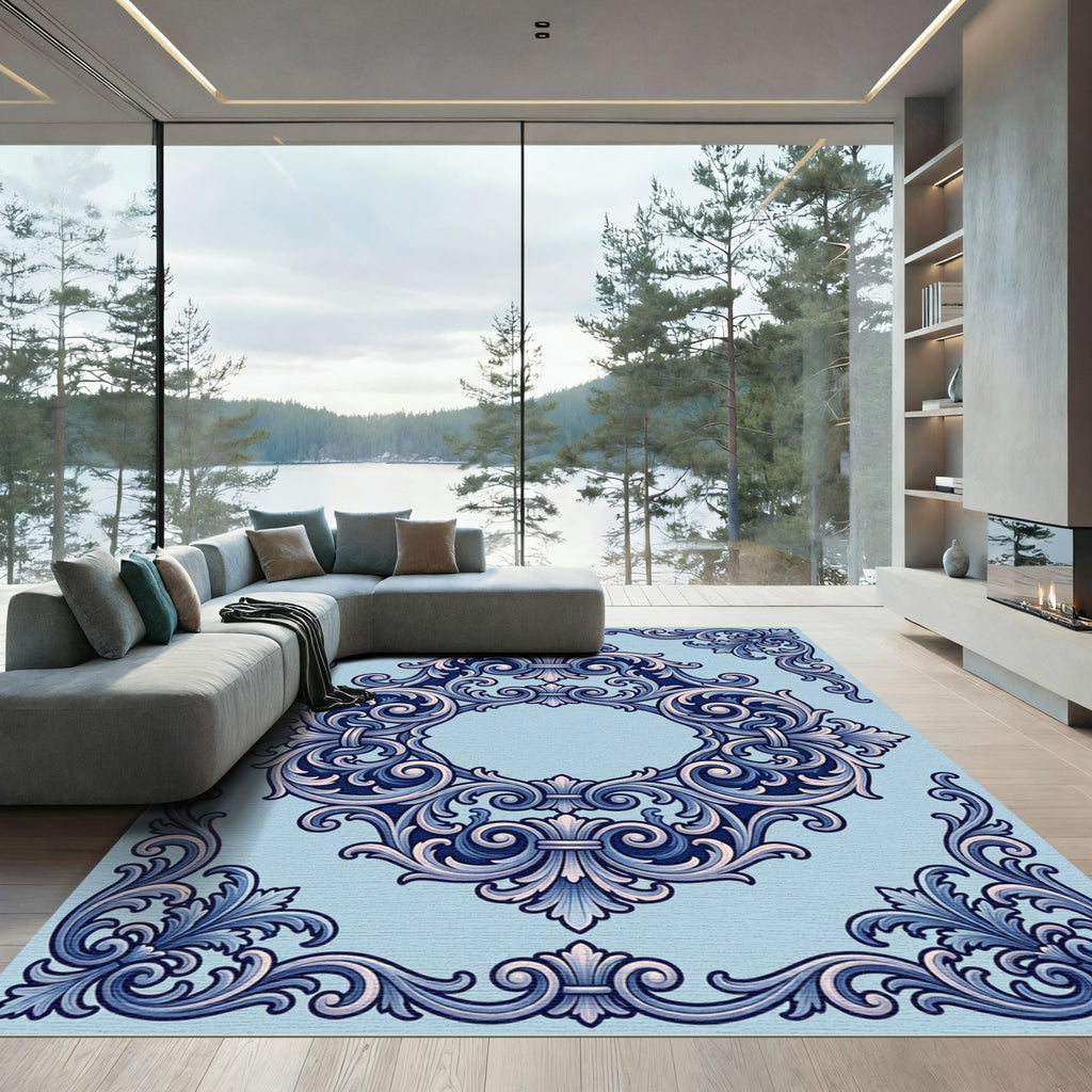 Ornate Blue Fleur De Lis Scroll Rug