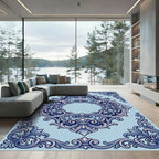 Ornate Blue Fleur De Lis Scroll Rug