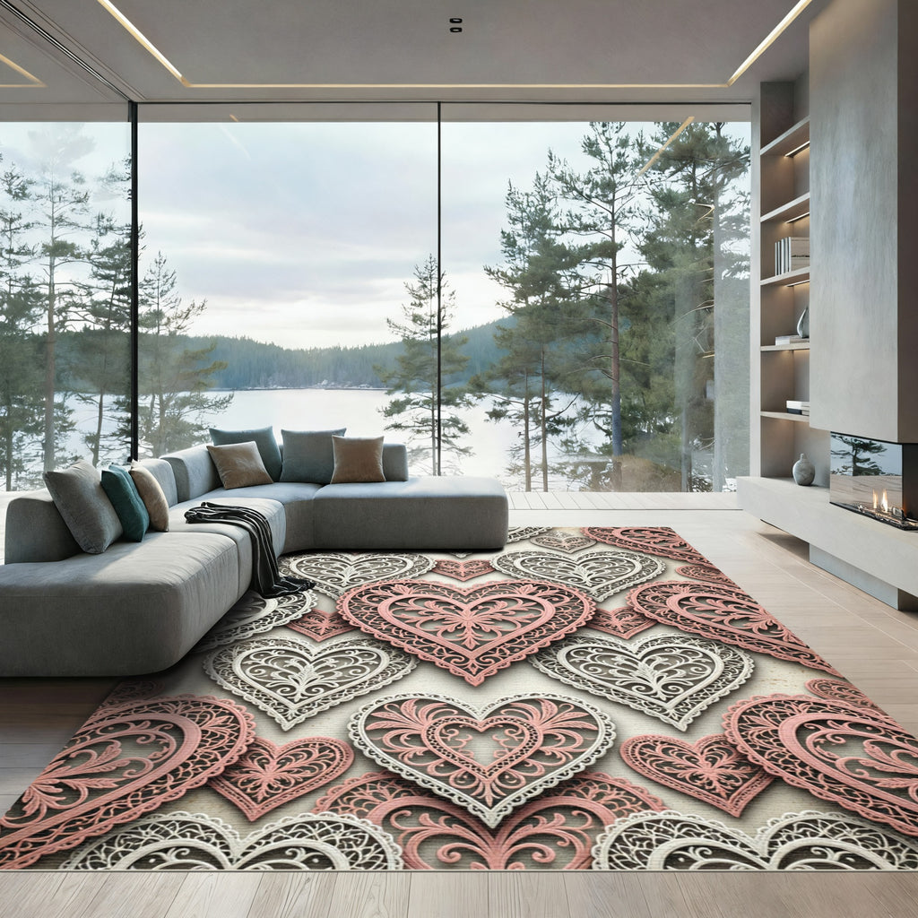 Coral White Filigree Heart Pattern Rug