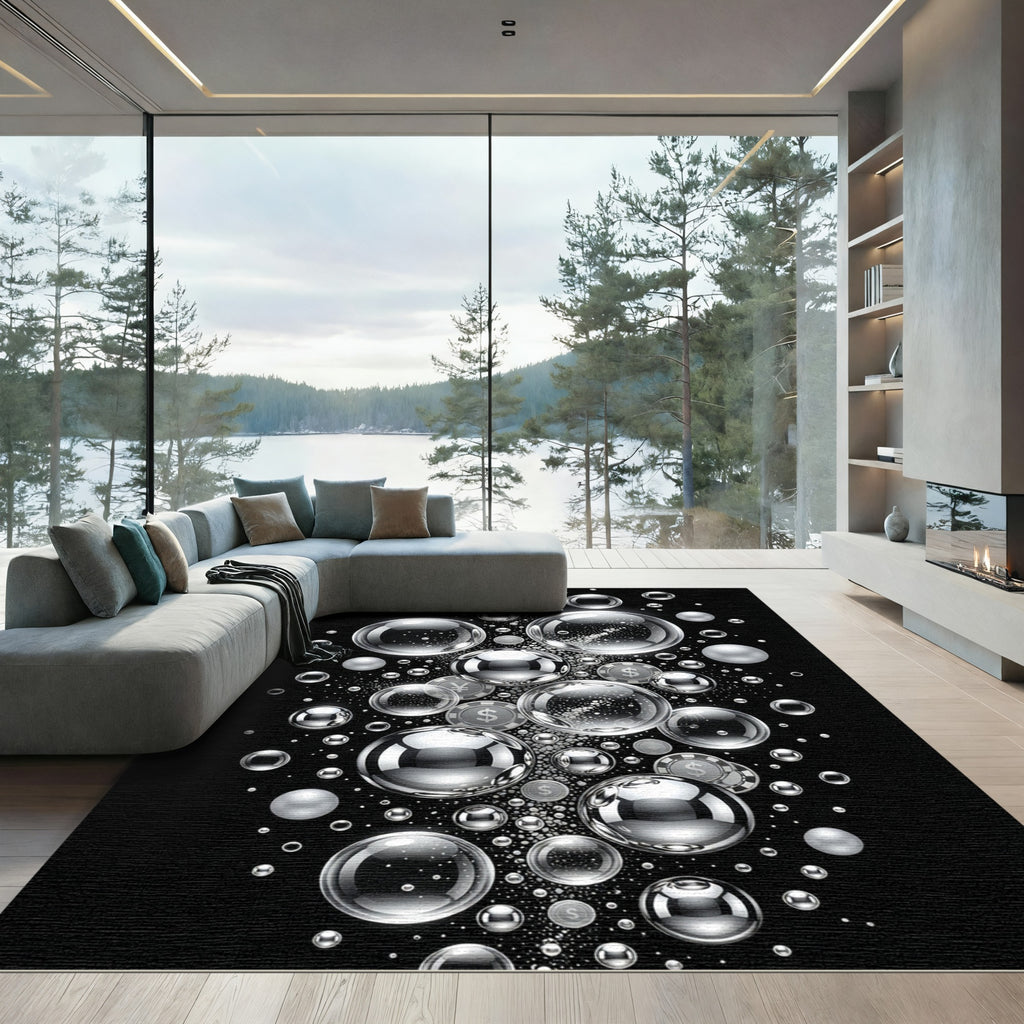 Monochrome Metallic Bubbles and Floating Currency Rug