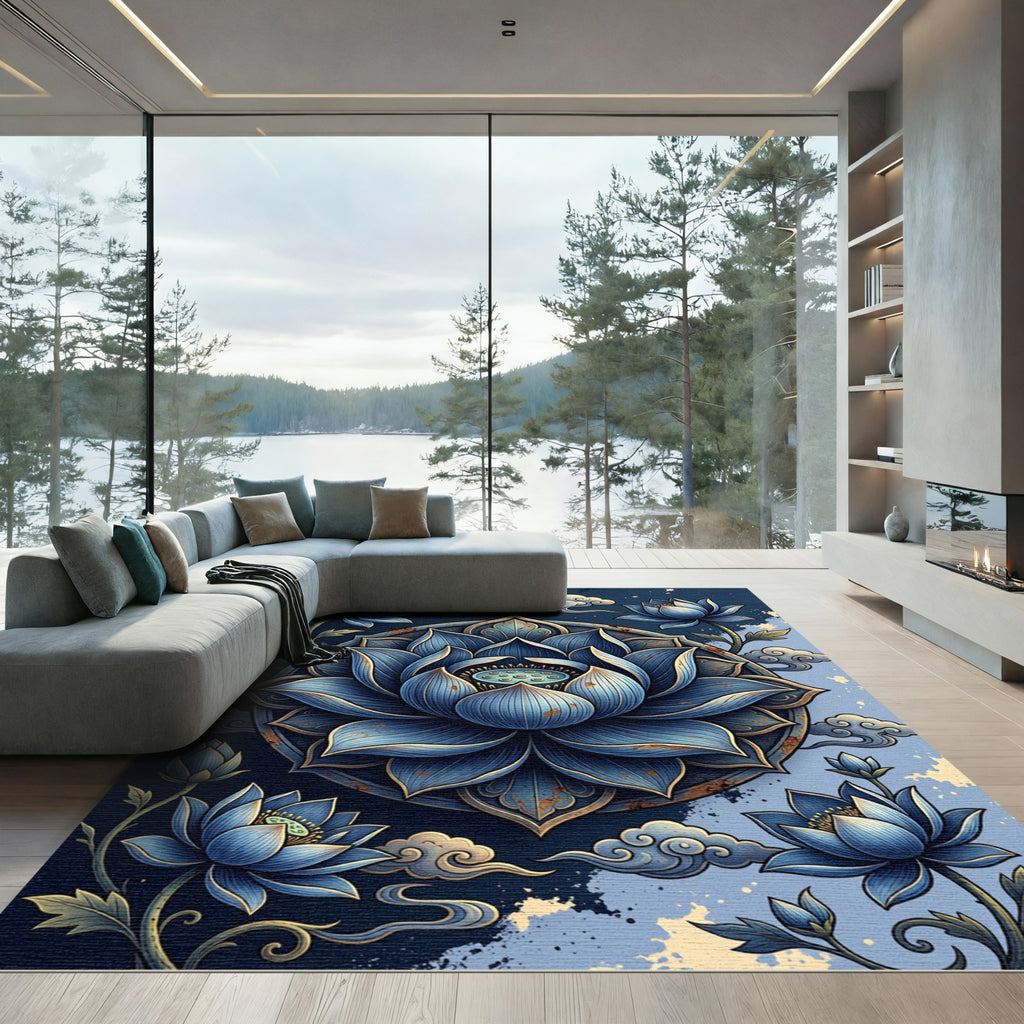 Elegant Navy Lotus Mandala Cloud Arrangement Rug