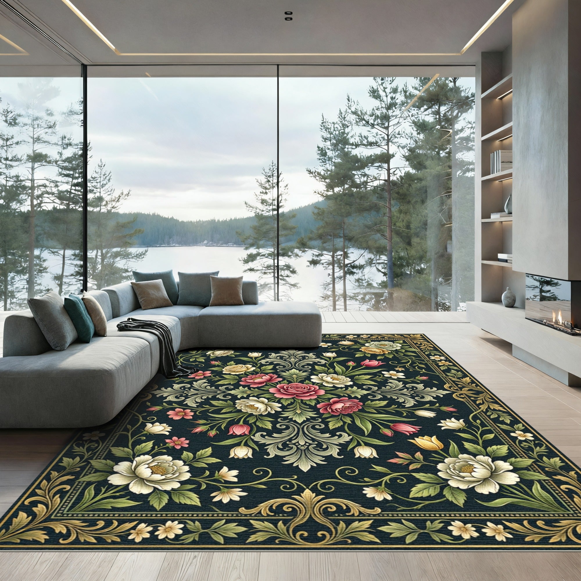 Dark Floral Bouquet Victorian Medallion Rug