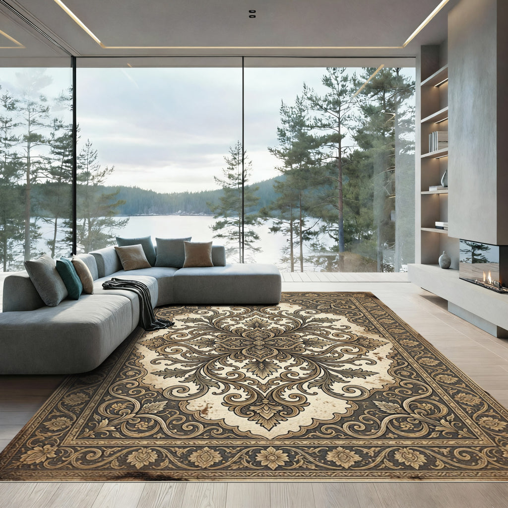 Antique Sepia Floral Scroll Medallion Rug