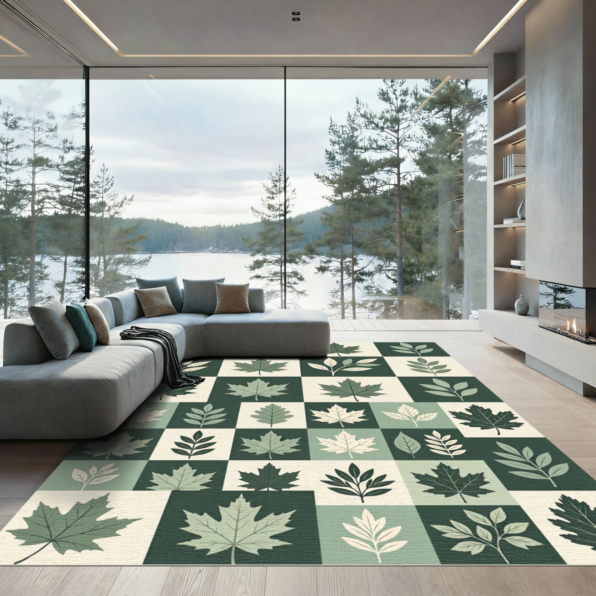 Sage Green Botanical Leaf Grid Rug