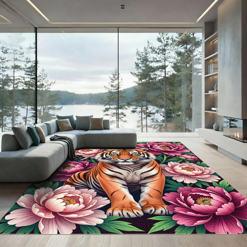 Majestic Tiger amidst Lush Pink Peonies Rug