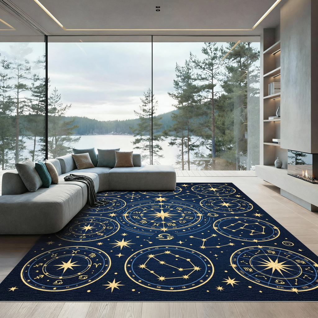Celestial Zodiac Constellation Navy Gold Rug