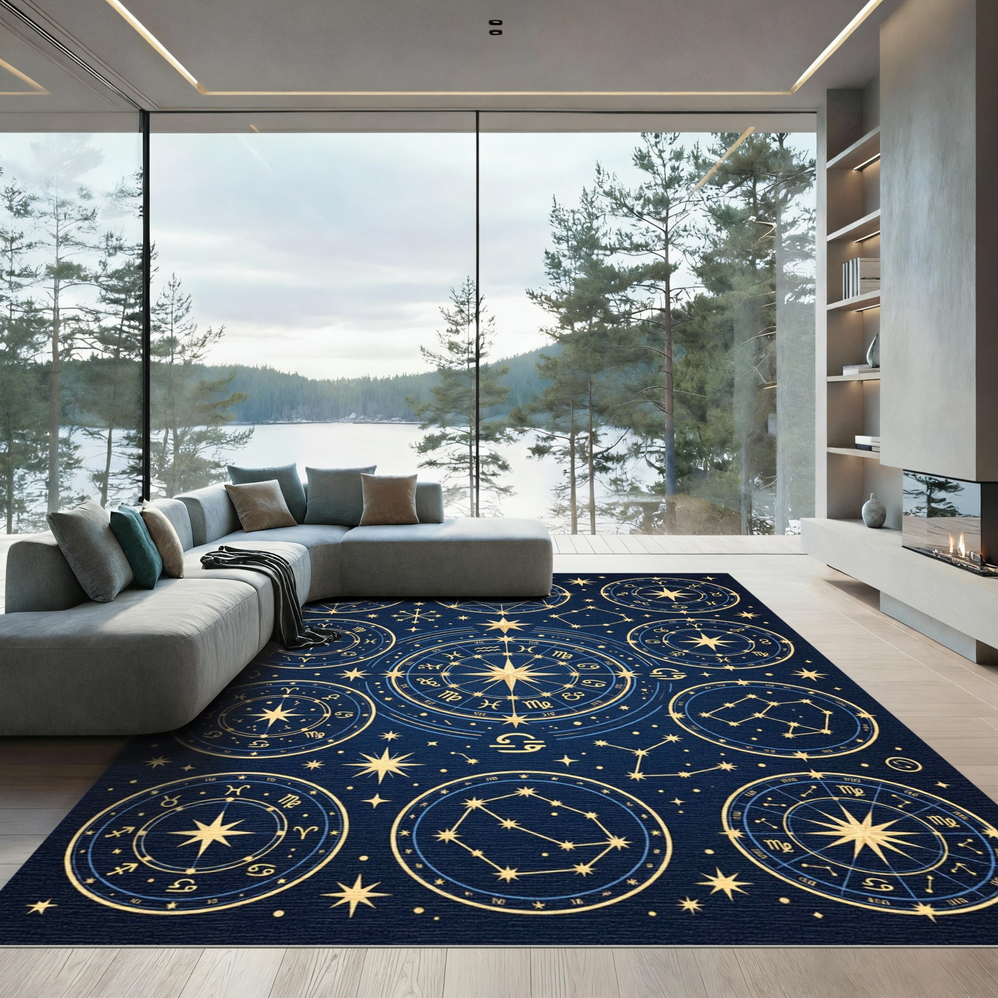 Celestial Zodiac Constellation Navy Gold Rug