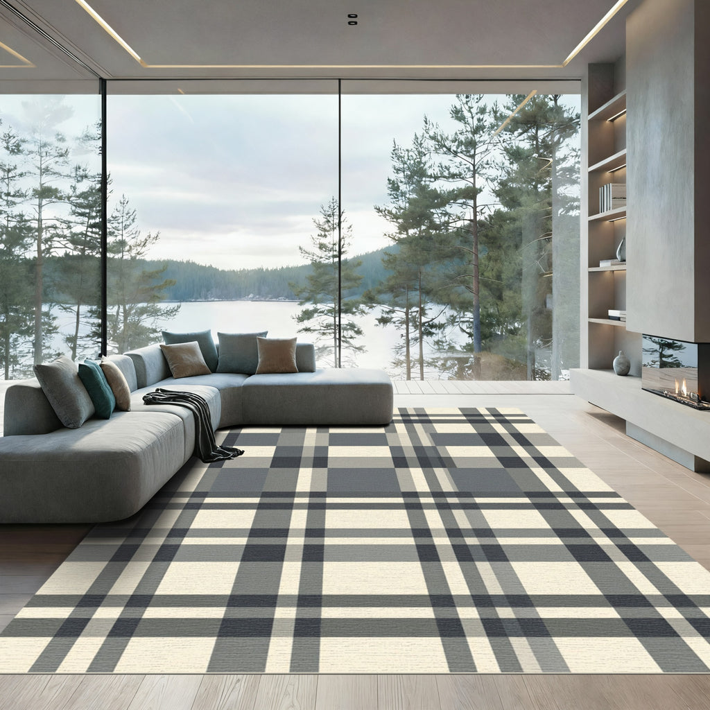 Graphite Cream Plaid Weave Rug