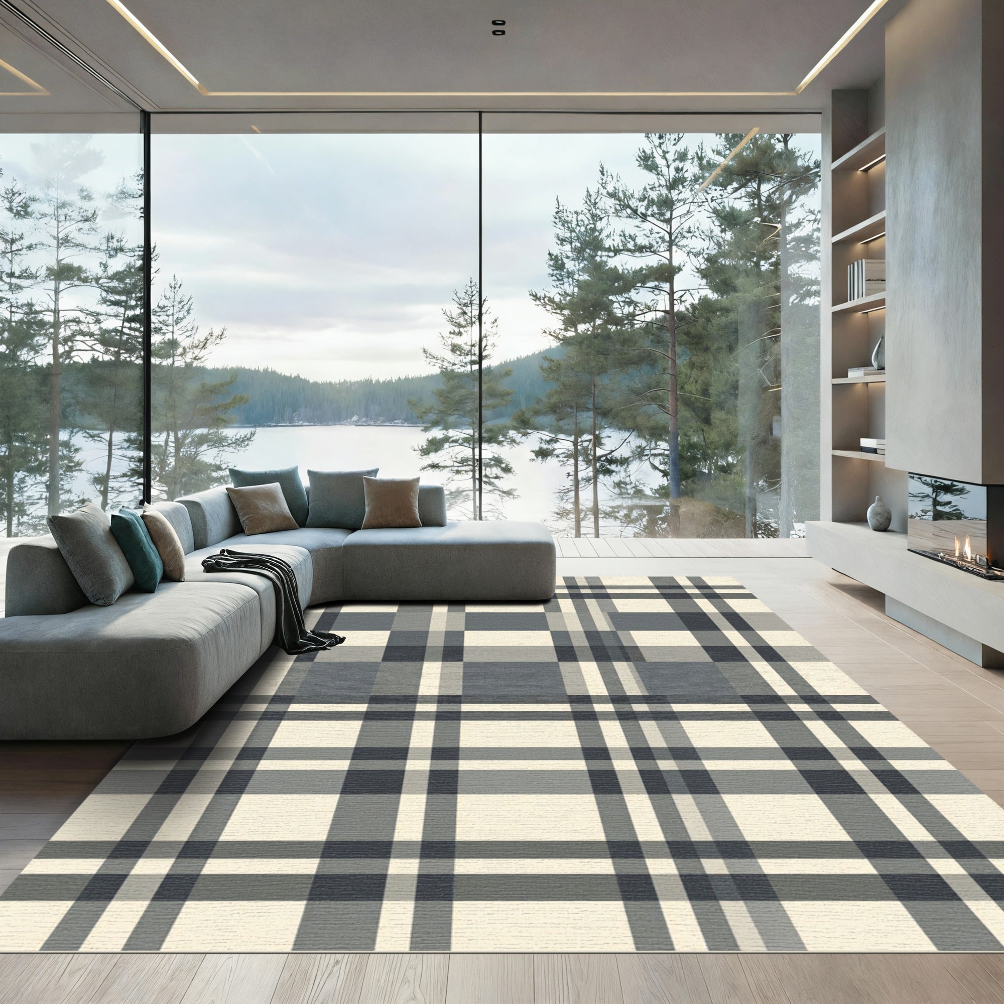 Graphite Cream Plaid Weave Rug