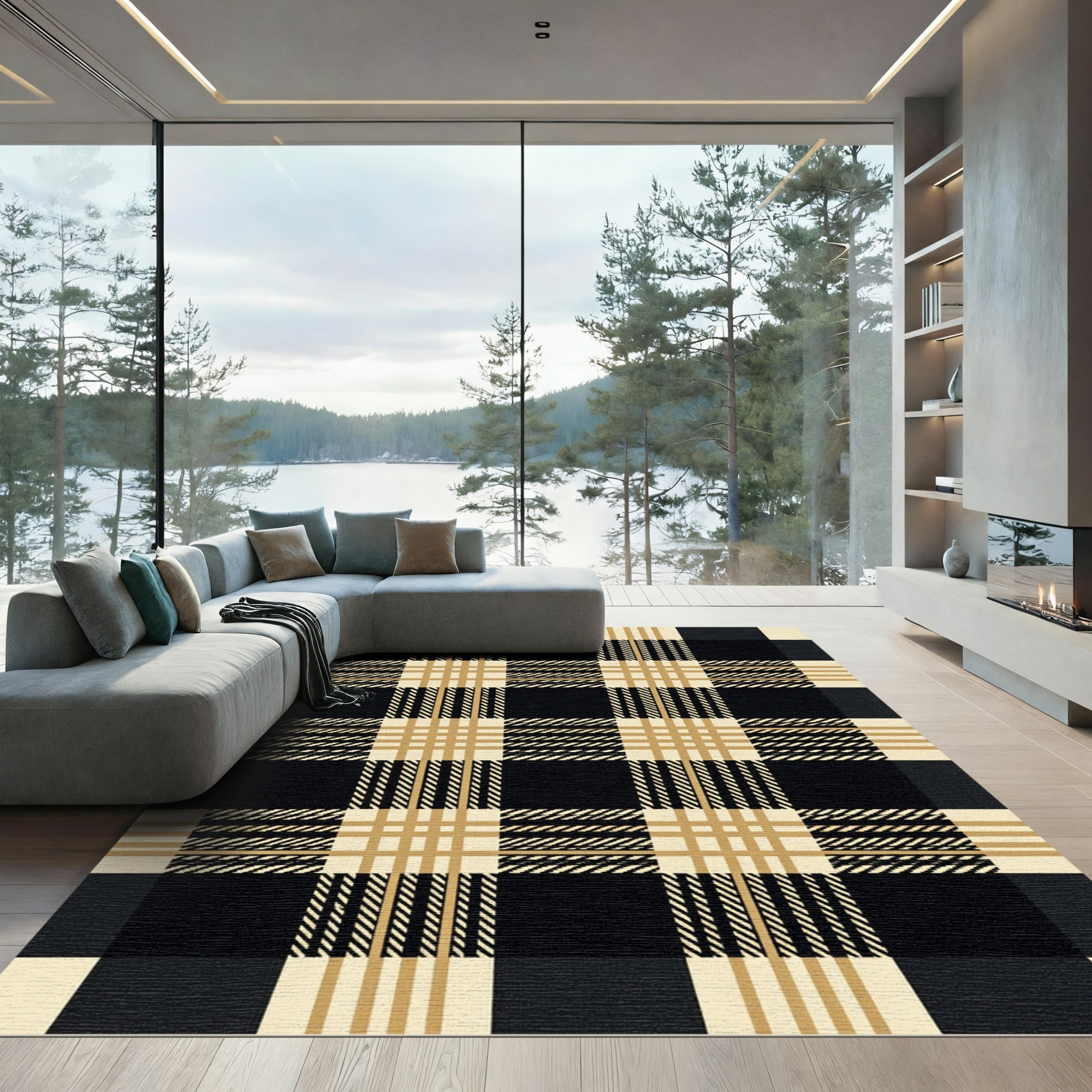Black Cream plaid Grid Rug