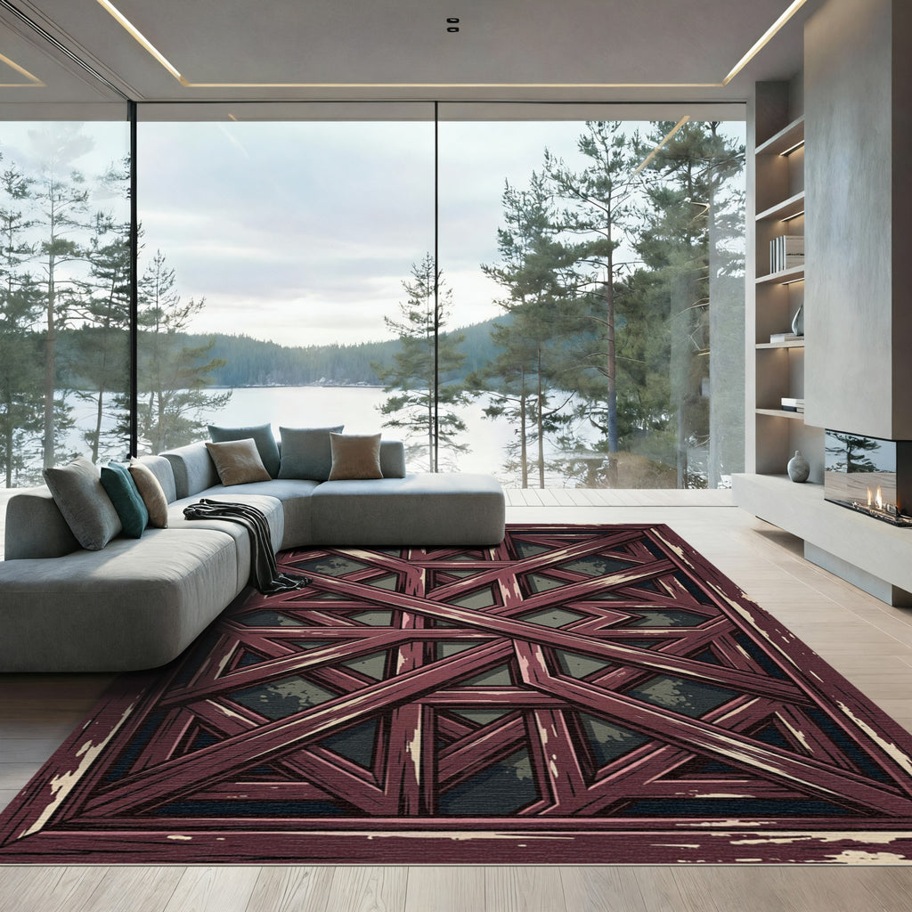 Dark Crimson Geometric Lattice Art Rug